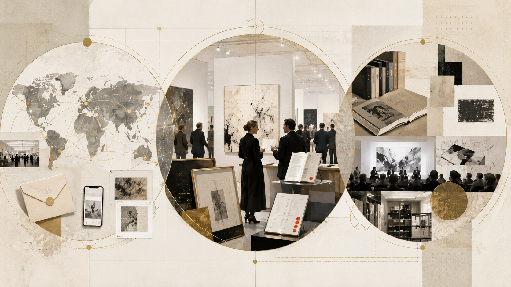 Abstrakte Collage mit Weltkarte, Galerie- und Diskursszenen als Symbol für internationale Präsenz, Marktanbindung und Diskursrelevanz im Kunstmarkt.