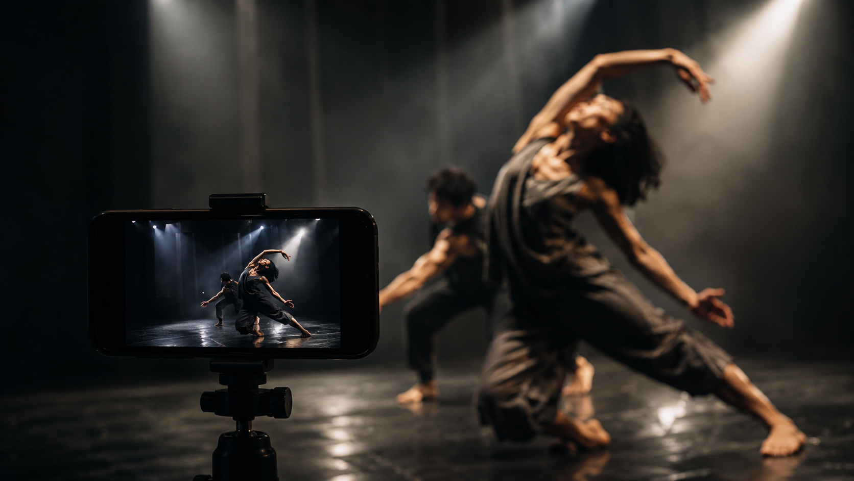 Smartphone zeichnet eine zeitgenössische Tanzprobe auf, während Tänzer im Hintergrund in Bewegung verschwimmen – als Symbol für das Dokumentationsproblem von Tanz im digitalen Raum. Smartphone zeichnet eine zeitgenössische Tanzprobe auf, während Tänzer im Hintergrund in Bewegung verschwimmen – als Symbol für das Dokumentationsproblem von Tanz im digitalen Raum.
