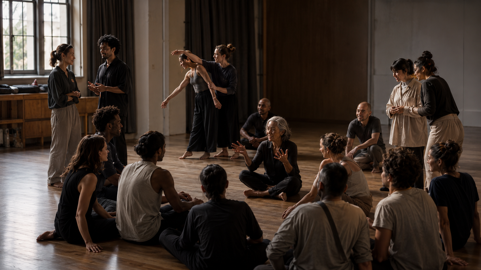 Gruppe von Tänzern und Choreografen sitzt in einem hellen Tanzstudio im Austausch, während im Hintergrund eine Bewegungsszene geprobt wird – als Symbol für Community-Aufbau jenseits der Aufführung. Gruppe von Tänzern und Choreografen sitzt in einem hellen Tanzstudio im Austausch, während im Hintergrund eine Bewegungsszene geprobt wird – als Symbol für Community-Aufbau jenseits der Aufführung.