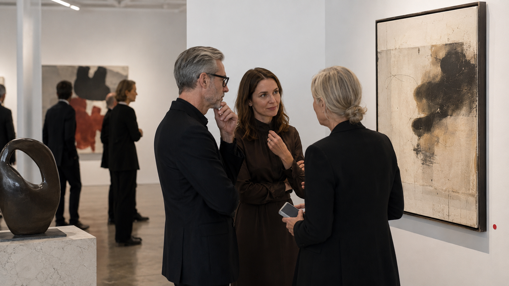 Sammler, Kuratoren und Galeristen betrachten ein abstraktes Kunstwerk in einer hellen Galerie und diskutieren dessen Wert und Relevanz im Kunstmarkt. Sammler, Kuratoren und Galeristen betrachten ein abstraktes Kunstwerk in einer hellen Galerie und diskutieren dessen Wert und Relevanz im Kunstmarkt.