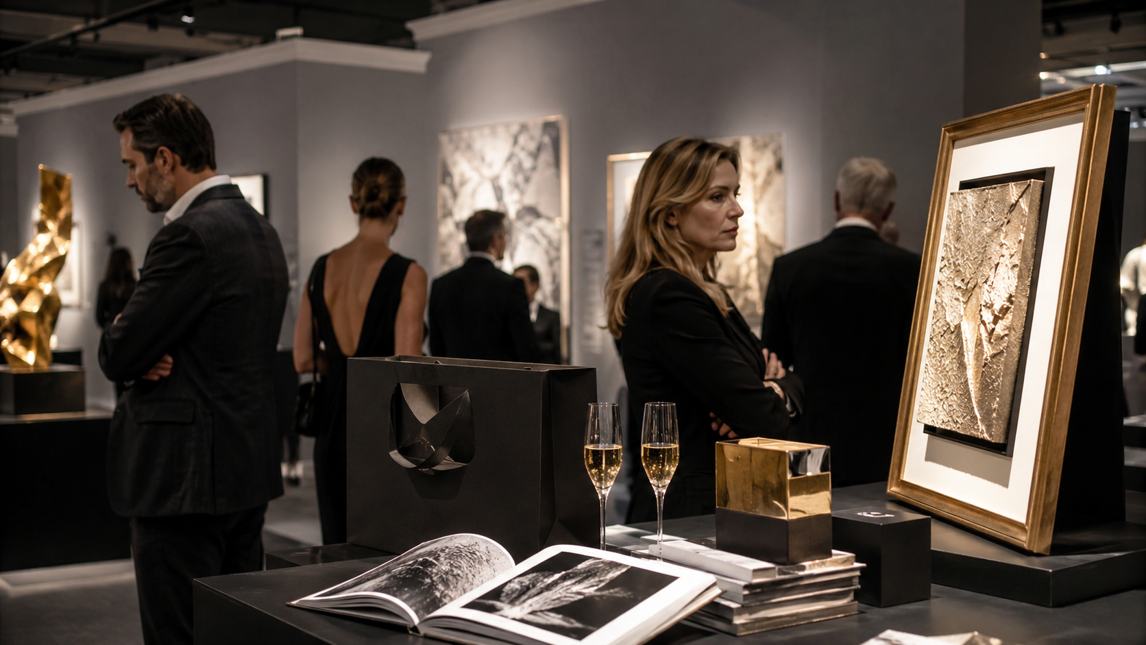 Elegante Kunstmesse mit wertvollen Kunstobjekten, Champagner und distanzierten Besuchern – als Symbol dafür, dass Geld Aufmerksamkeit kaufen, aber kein Vertrauen ersetzen kann. Elegante Kunstmesse mit wertvollen Kunstobjekten, Champagner und distanzierten Besuchern – als Symbol dafür, dass Geld Aufmerksamkeit kaufen, aber kein Vertrauen ersetzen kann.