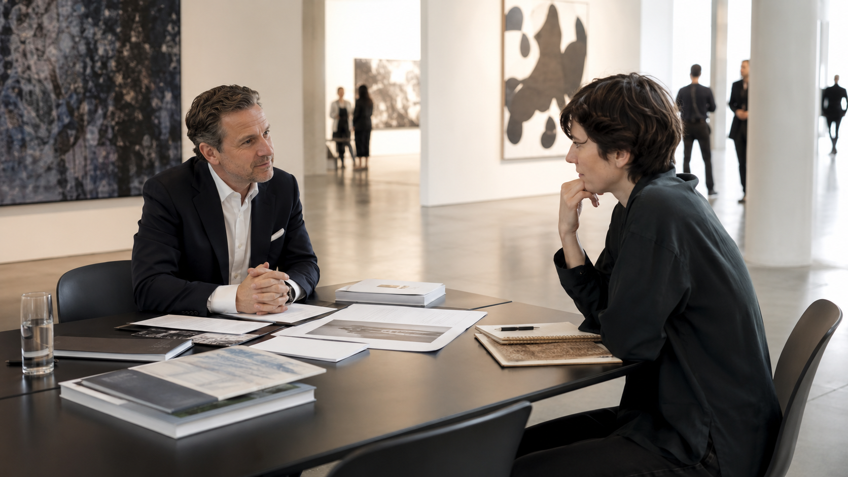 Zwei Personen sitzen sich in einem minimalistischen Kunstraum an einem Tisch gegenüber, während Vertragsunterlagen zwischen ihnen liegen – als Symbol für ungleiche Verhandlungsmacht im Kultursponsoring.