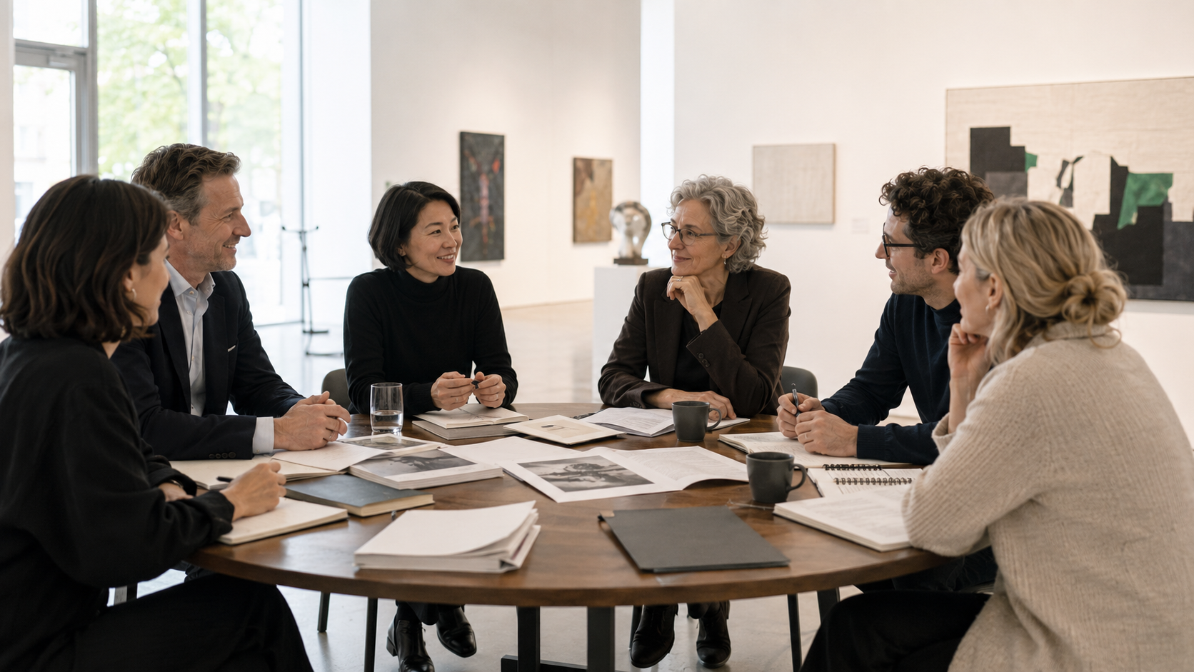 Mehrere Kunst- und Kulturakteure sitzen gemeinsam an einem runden Tisch in einer Galerie und besprechen Unterlagen – als Symbol für faire, transparente und ausgewogene Sponsoring-Strukturen.