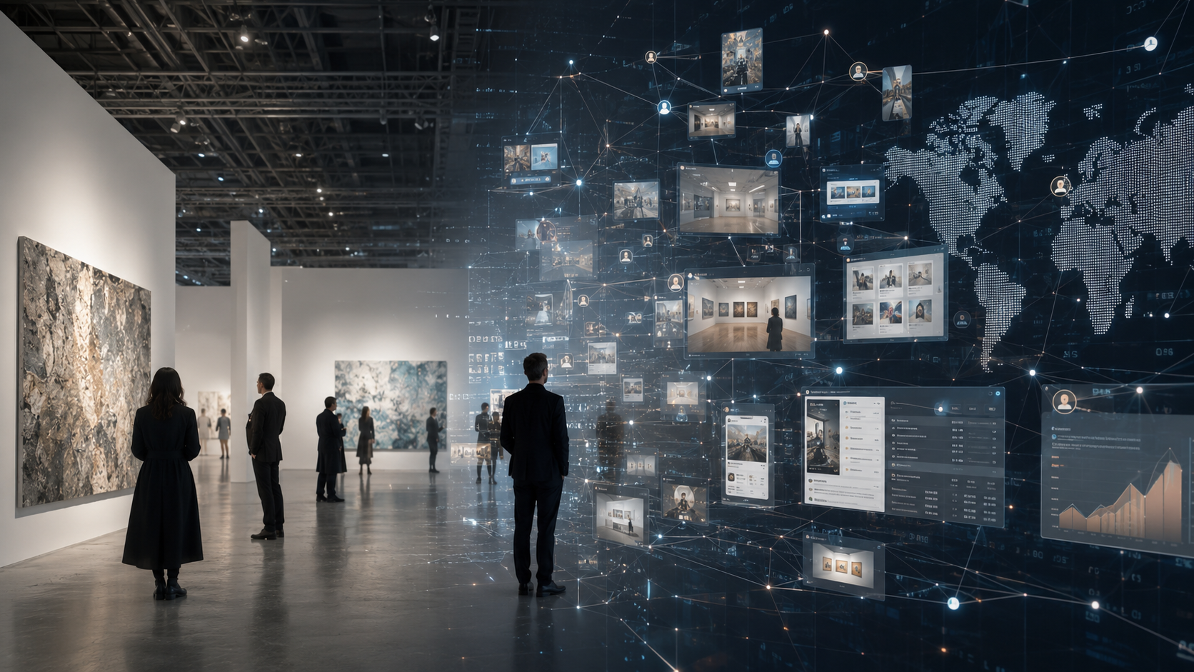 Moderner Ausstellungsraum, der in ein digitales Netzwerk aus Online-Galerien, Daten, Plattformen und globalen Verbindungen übergeht.