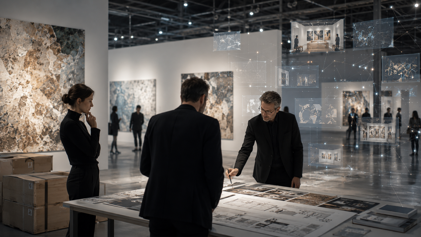 Galerieteam analysiert Messekonzepte, Präsentationspläne und digitale Optionen in einem modernen Kunstraum mit vernetzten Bildschirmen.