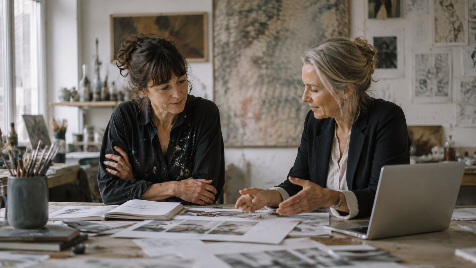 Künstlerin und Beraterin besprechen in einem Atelier gemeinsam künstlerische Arbeiten, Positionierung und Sichtbarkeit in einer ruhigen, vertrauensvollen Beratungssituation.