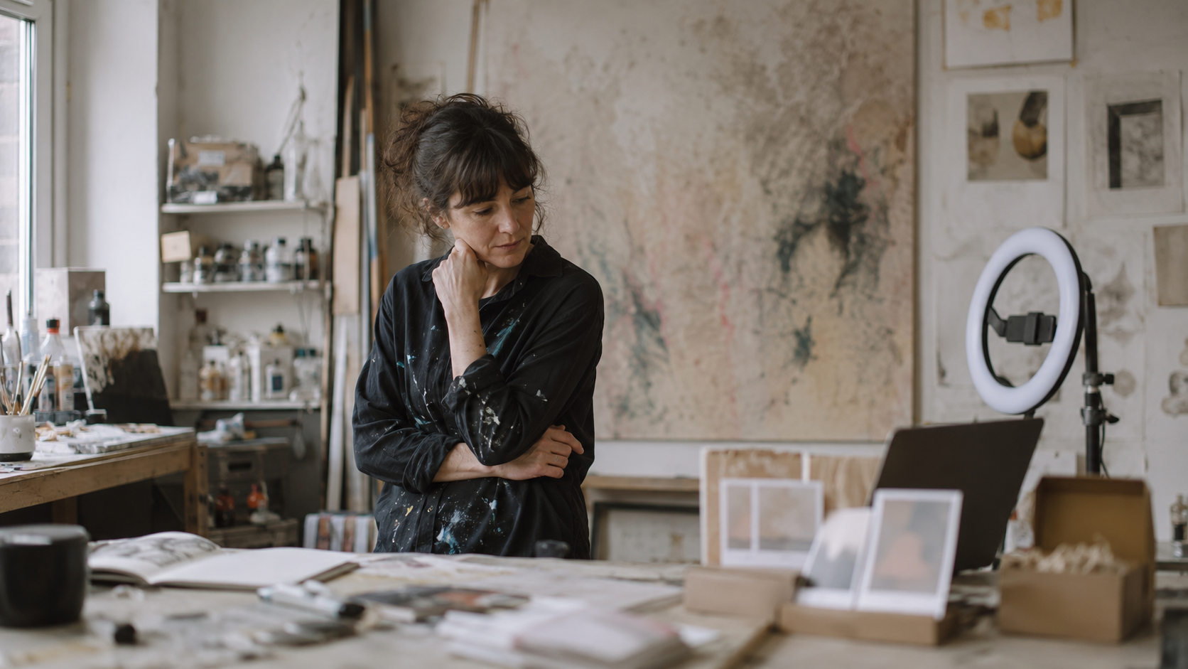 Künstlerin steht nachdenklich in ihrem Atelier zwischen eigenen Werken, Arbeitsmaterialien und digitalen Präsentationselementen als Symbol für den Konflikt zwischen künstlerischer Praxis und Verkaufslogik.