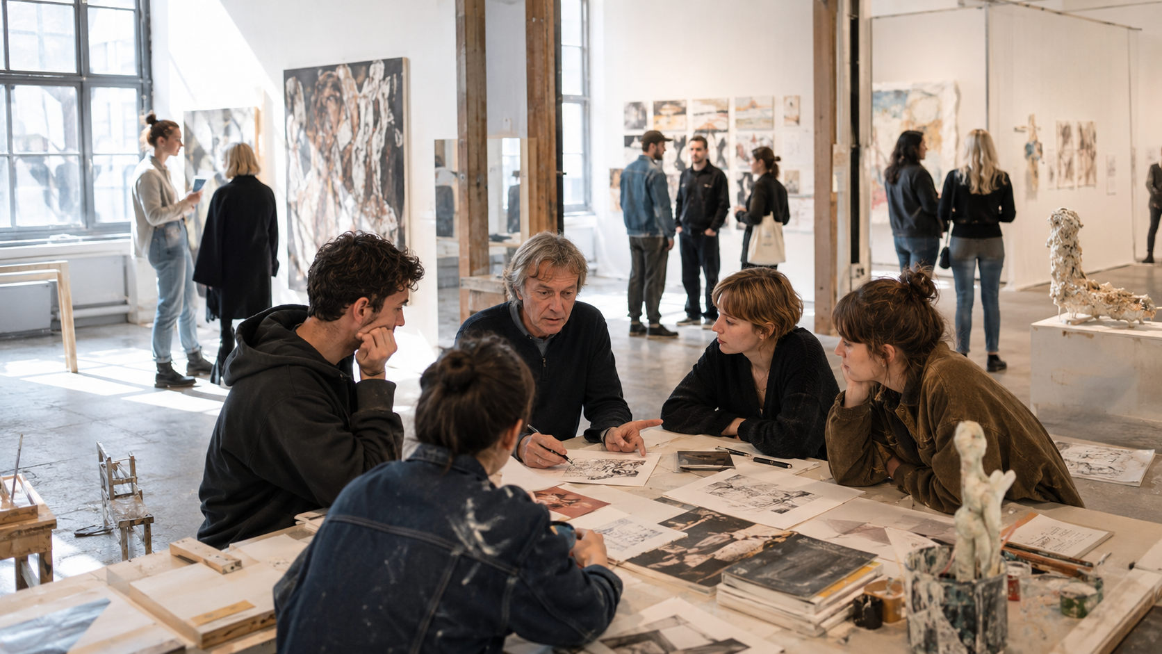 Professor bespricht mit Studierenden künstlerische Arbeiten im Atelier, während im Hintergrund Besucher und Fachleute die Ausstellung betrachten.