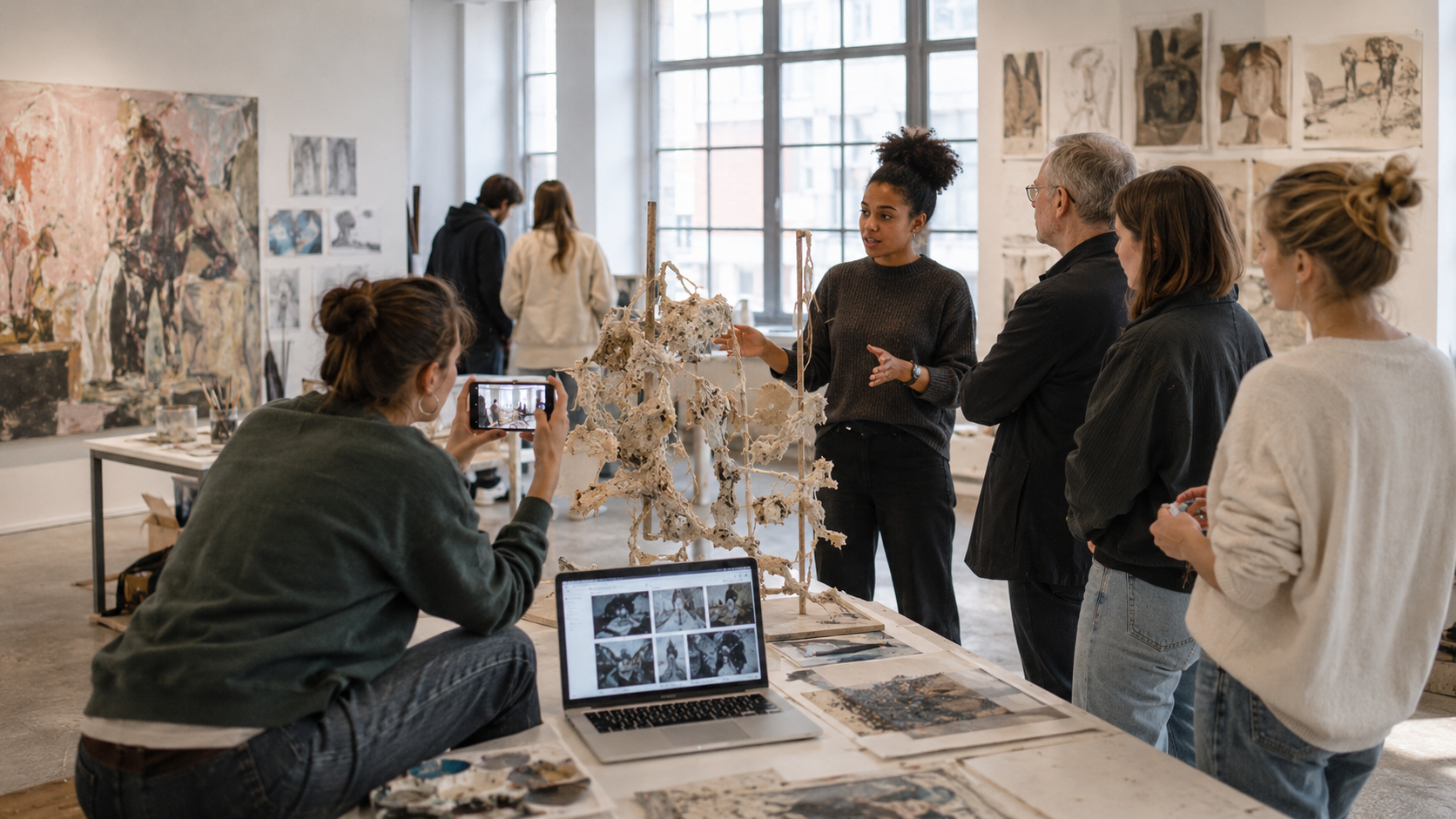 Studentin präsentiert eine skulpturale Arbeit in einem hellen Atelier einer Kunsthochschule, während Kommilitonen und Fachleute den Prozess dokumentieren und diskutieren.