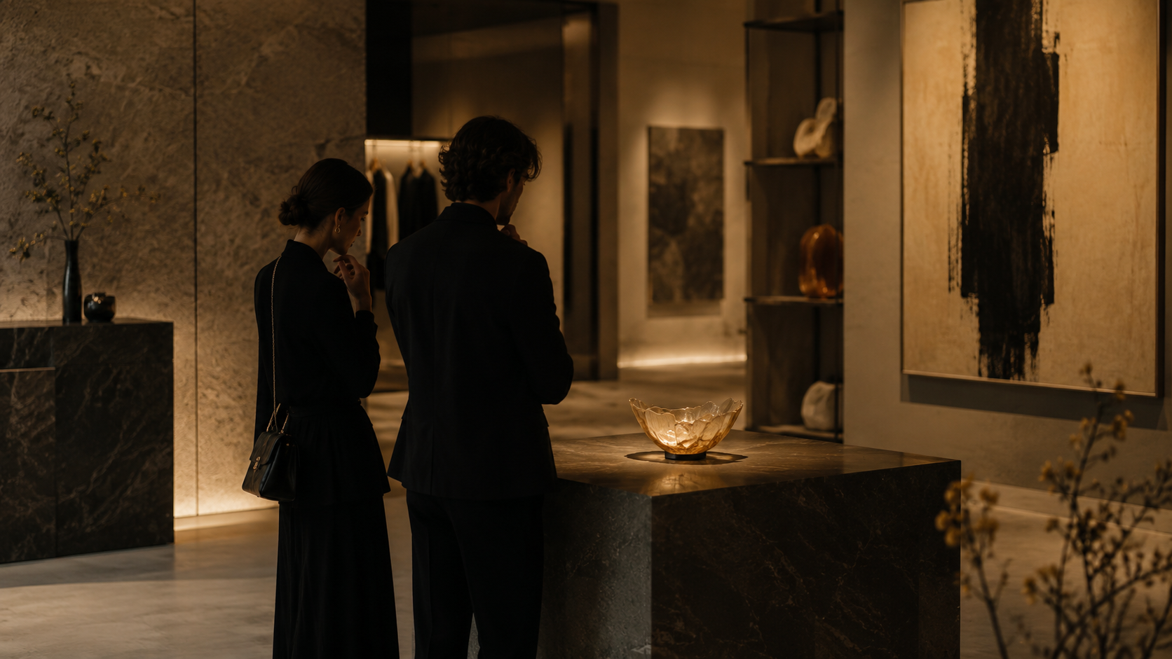 Elegant gekleidetes Paar betrachtet in einer exklusiven Galerie ein Kunstobjekt, das durch Licht, Raum und Inszenierung als besonders wertvoll erscheint.