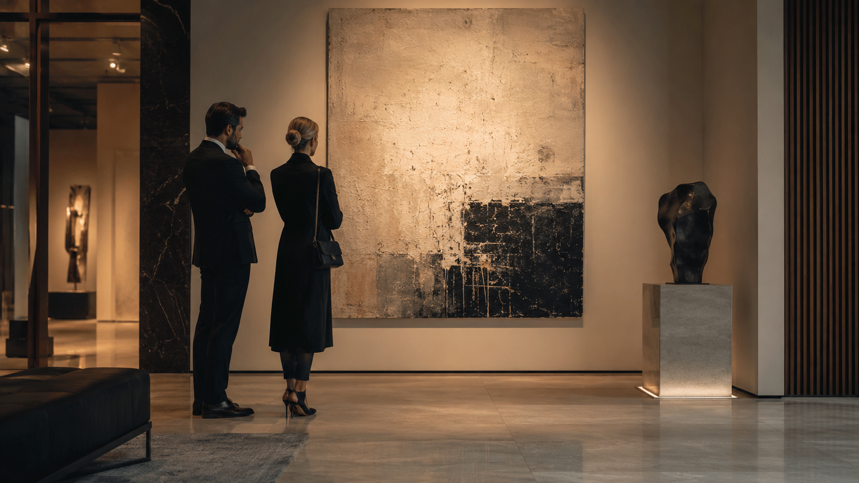 Zwei Sammler betrachten ein großformatiges Kunstwerk in einer hochwertigen Galerie, während die ruhige Präsentation den Wert und die Qualität des Werkes unterstreicht