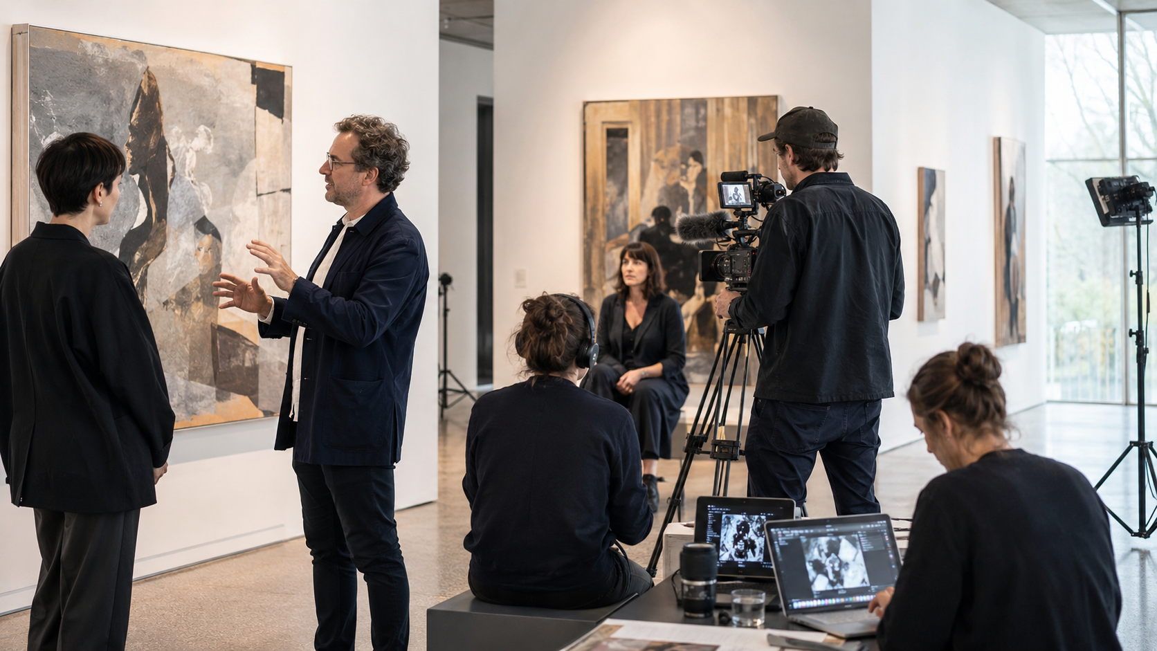 Kuratorisches Gespräch und Filmaufnahme in einer hellen Galerie, während ein Team Inhalte rund um Kunst, Ausstellung und digitale Kommunikation produziert.