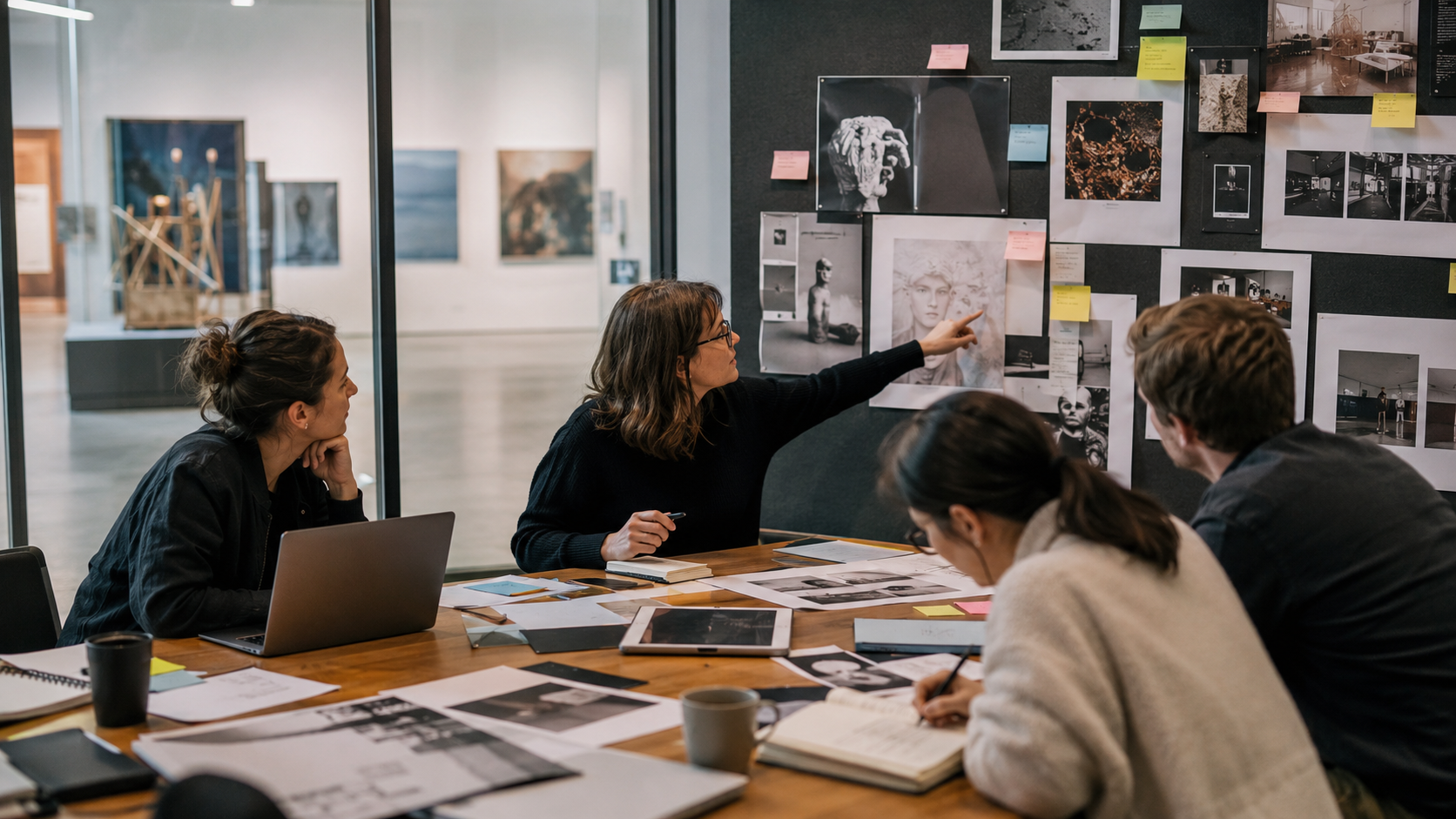 Strategisches Planungstreffen in einem Kulturinstitution-Büro mit Moodboard, Ausstellungsmaterial, Laptop und Teamarbeit für redaktionelle Kommunikation.