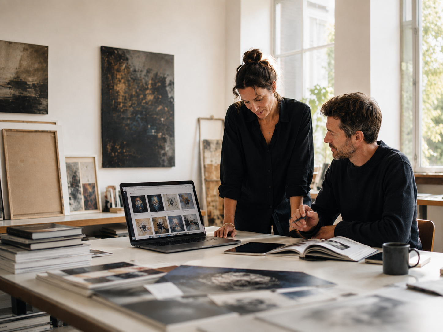 Eine Frau und ein Mann arbeiten in einem lichtdurchfluteten Künstleratelier an Laptop, Buch und Bildmaterial und prüfen gemeinsam künstlerische Inhalte und Kontexte.