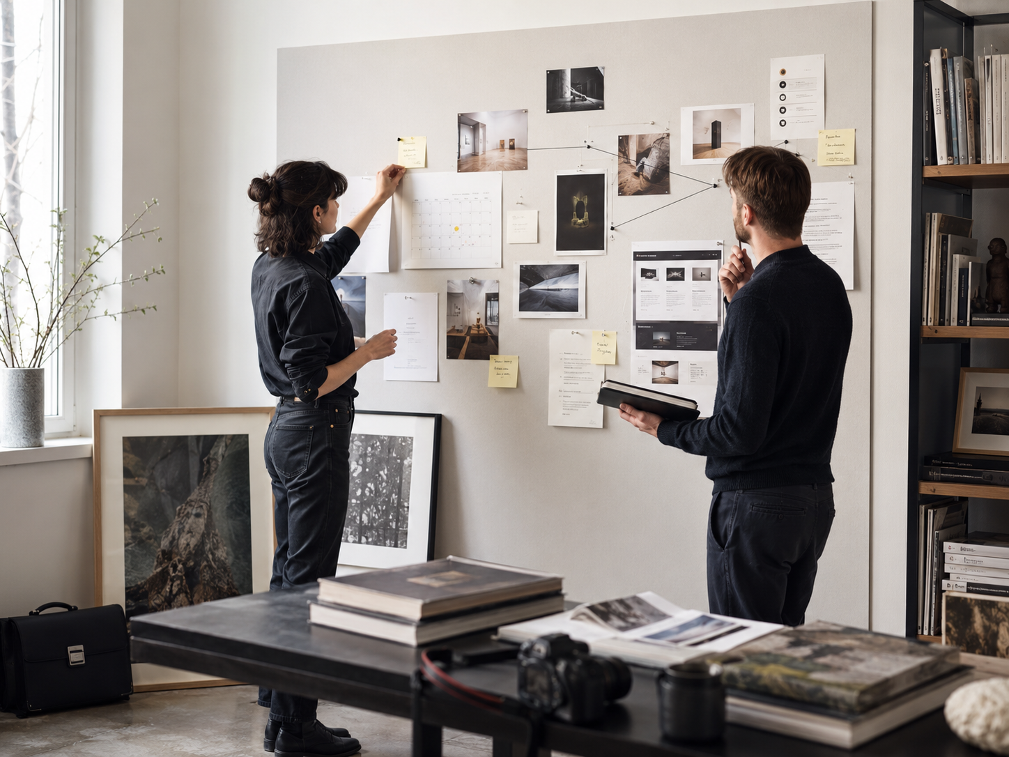 Zwei kreative Professionals entwickeln an einer großen Planungswand mit Fotos, Notizen und Ablaufübersichten eine strategische Sichtbarkeits- und Präsentationsstruktur.