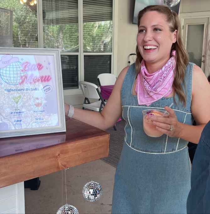 Guests enjoying the Shake Rattle & Roll mobile bar experience, shown beside a testimonial for the Shakin Package: "Our guests were absolutely raving about the experience!" – Kaitlin M.