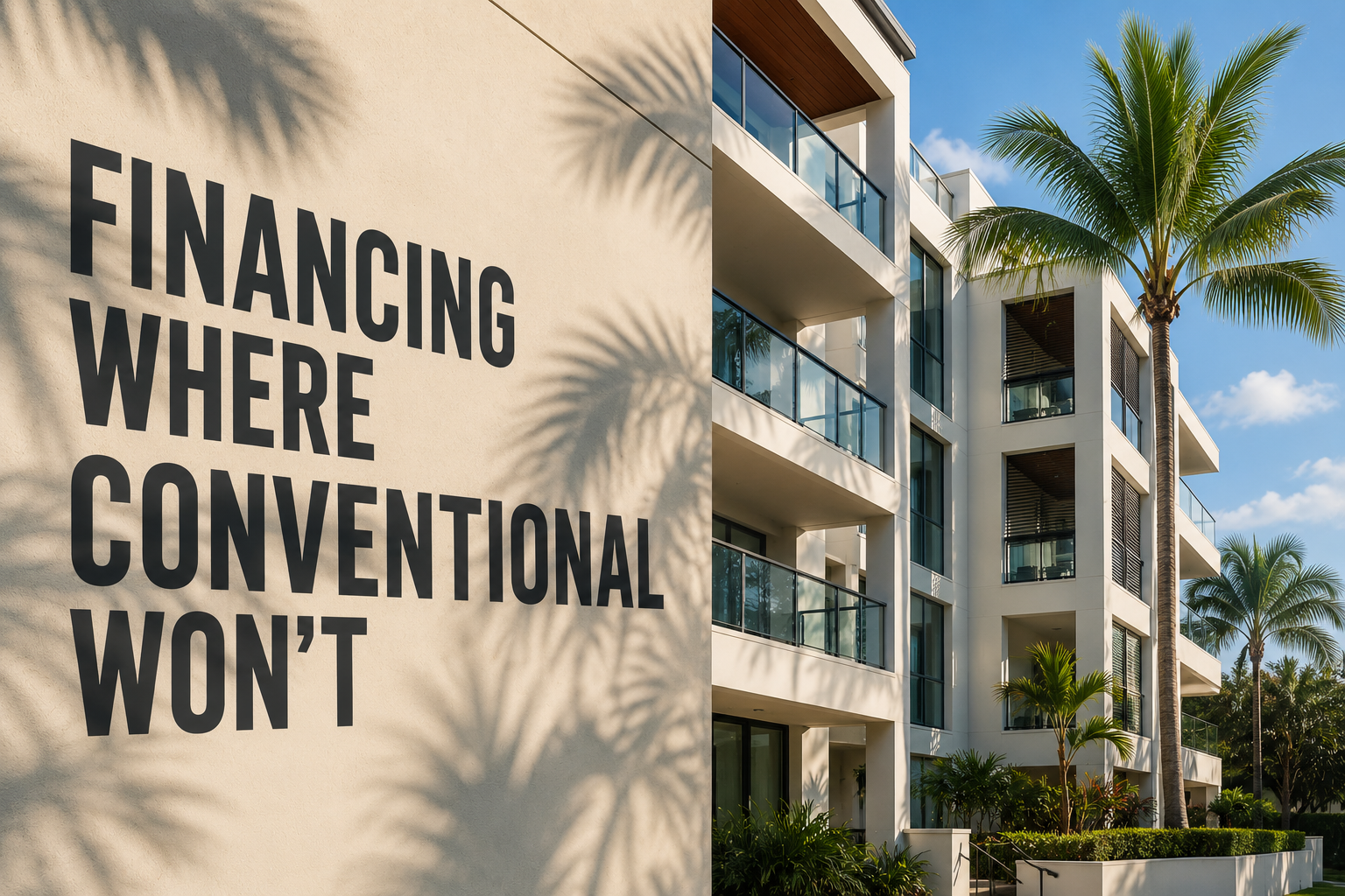 Florida condominium building beside the words financing where conventional won't