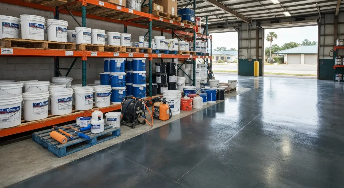 Epoxy flooring supplies in warehouse