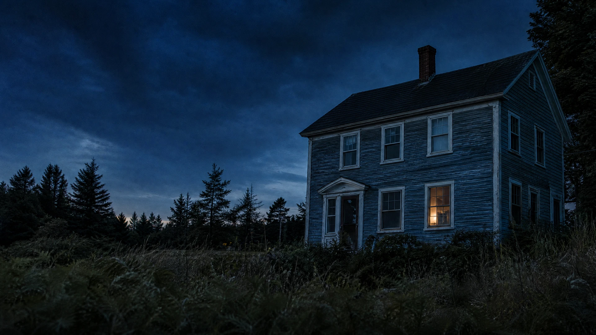 A New England clapboard house in Maine at dusk with a single warm light on