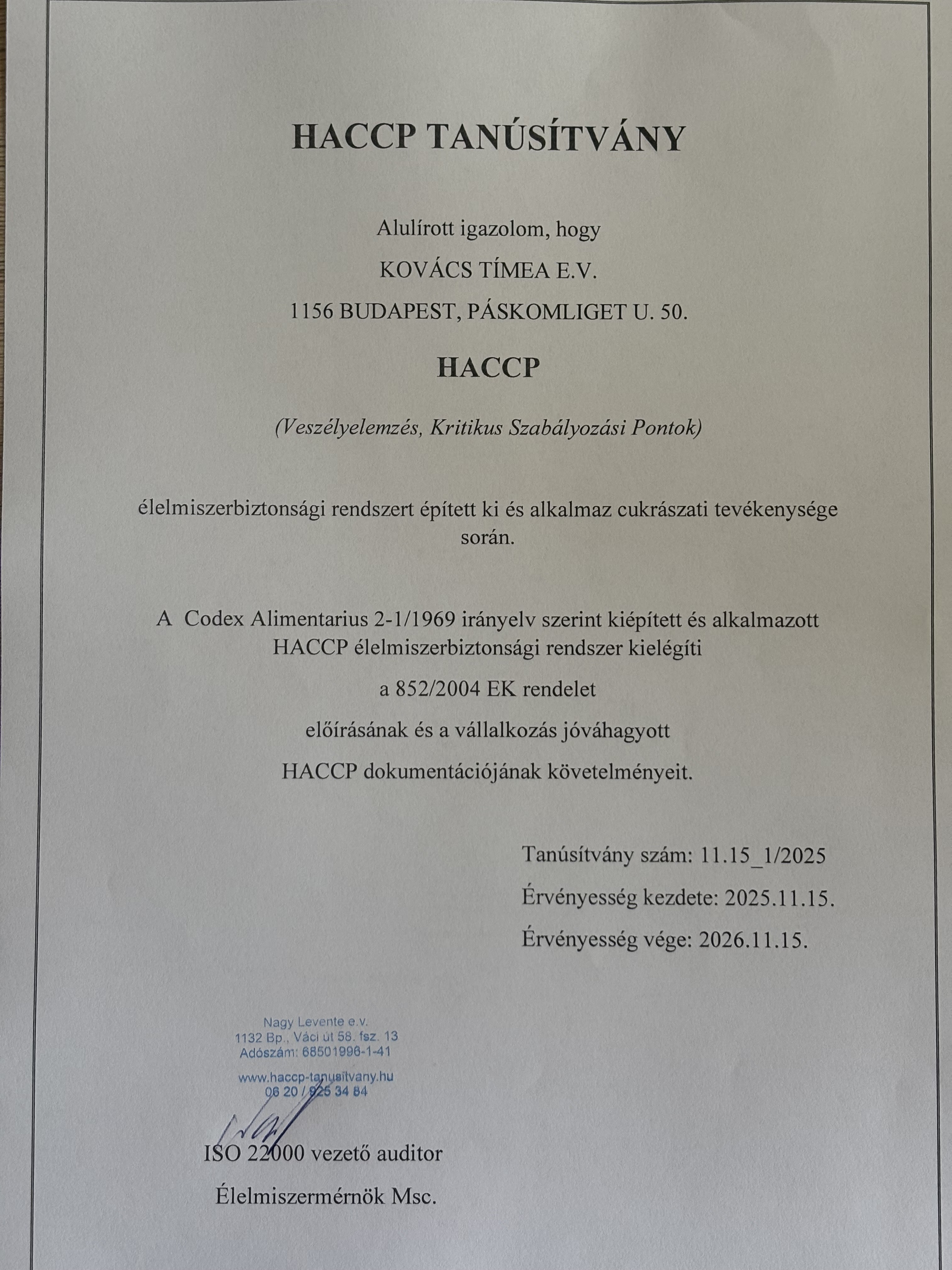 HACCP Tanúsítvány – PiciCake