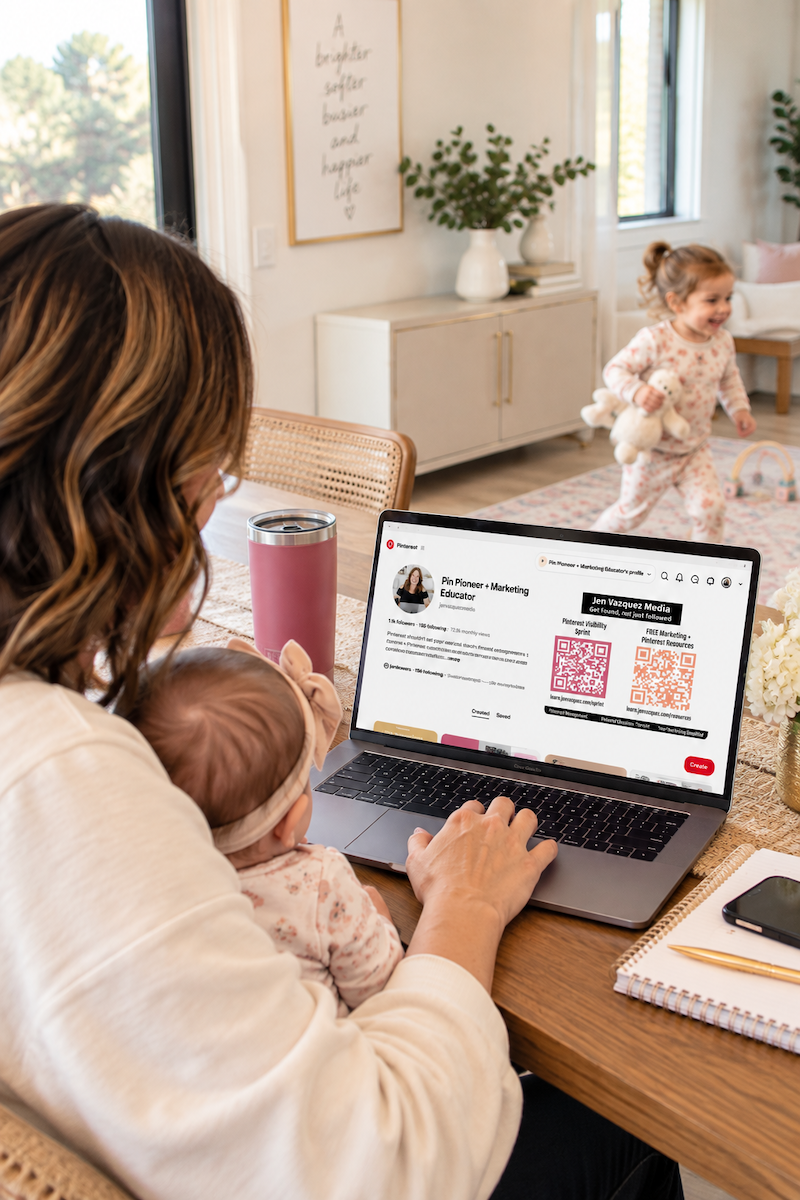 A business owner working on her Pinterest strategy at home