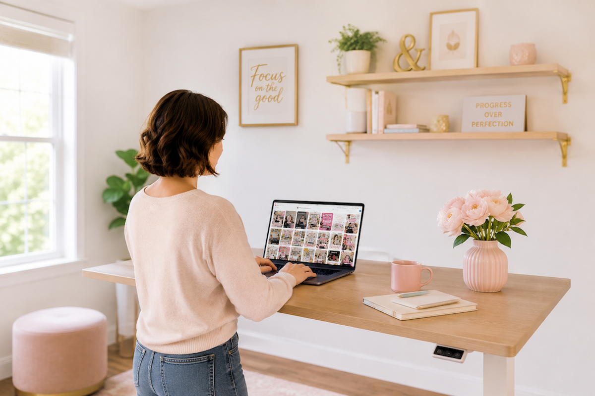 Jen Vazquez working at her standing desk with Pinterest strategy pulled up on her laptop