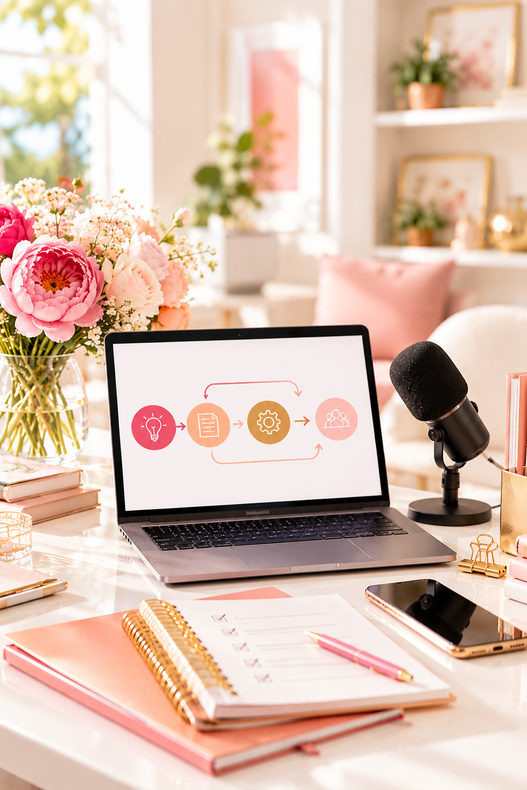 A styled desk with a laptop showing a Pinterest strategy workflow