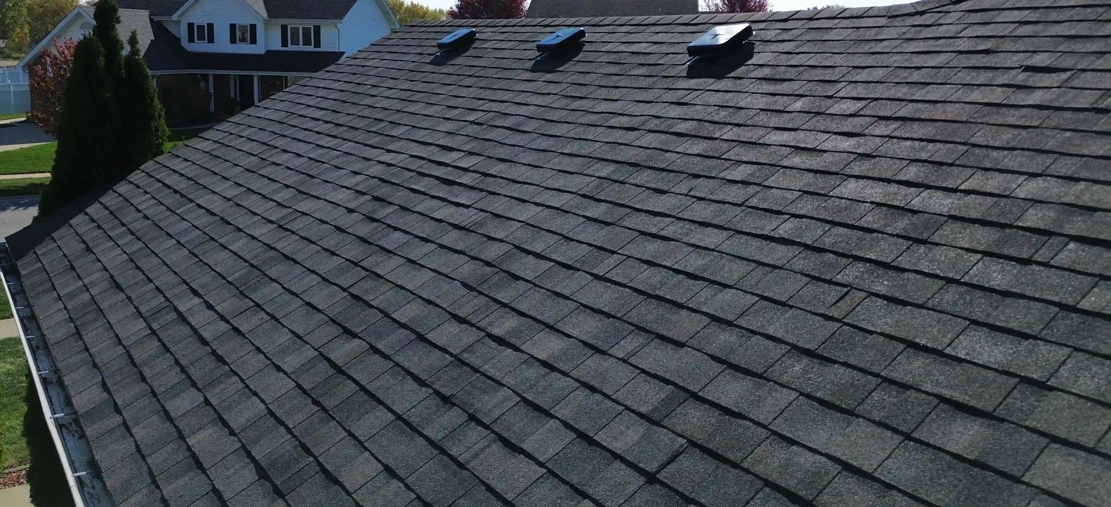 Completed residential roof repair in Joliet Illinois using durable asphalt shingles for long lasting protection