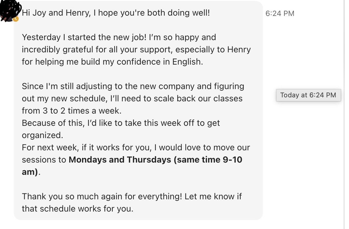 Student message: started the new job, grateful for support building confidence in English