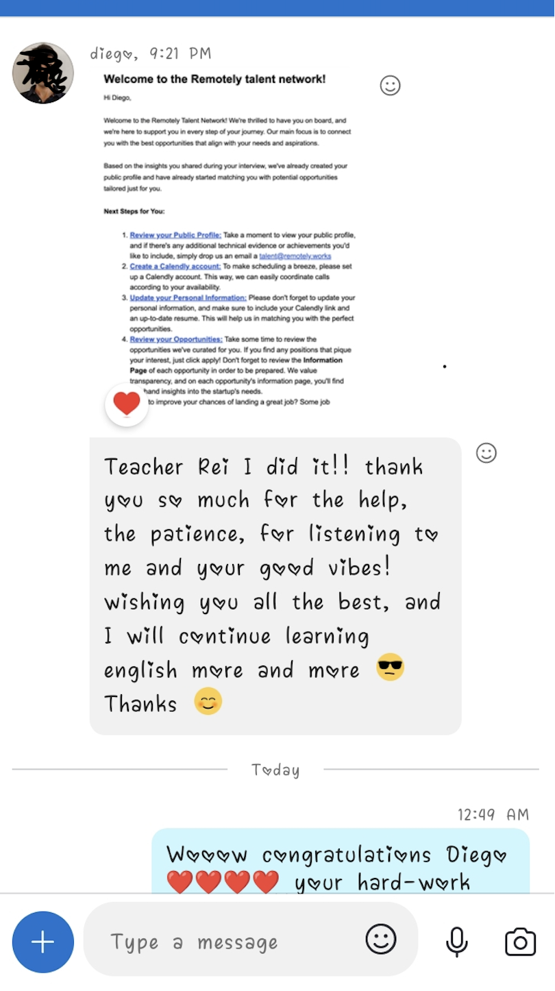 Student message: Diego thanking his teacher after being welcomed to a talent network