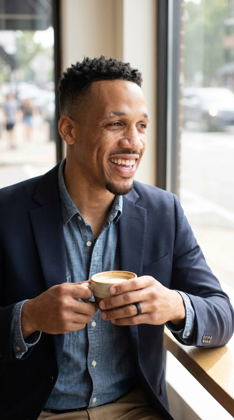 Zacc Mitchell in navy blazer laughing with coffee