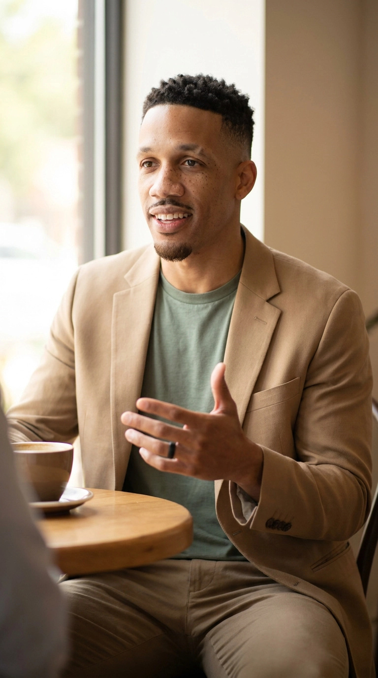 Zacc Mitchell in tan blazer gesturing during a café conversation