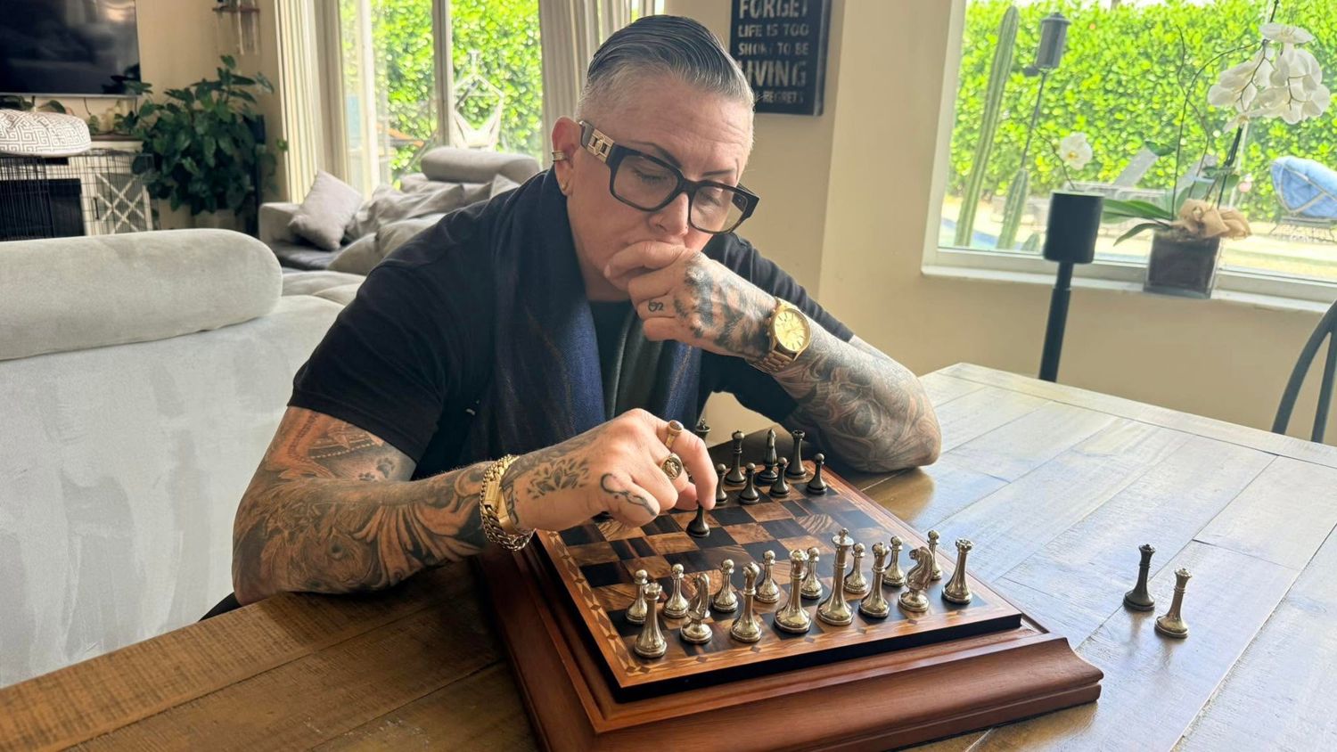 Jen at a chessboard