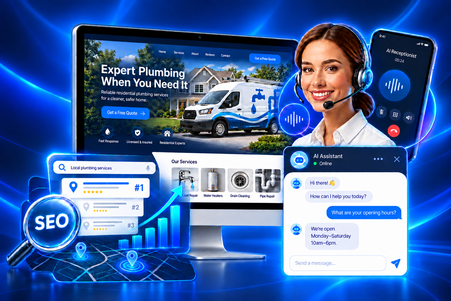 AI Smart Website with local SEO, conversational chat, and a voice AI receptionist