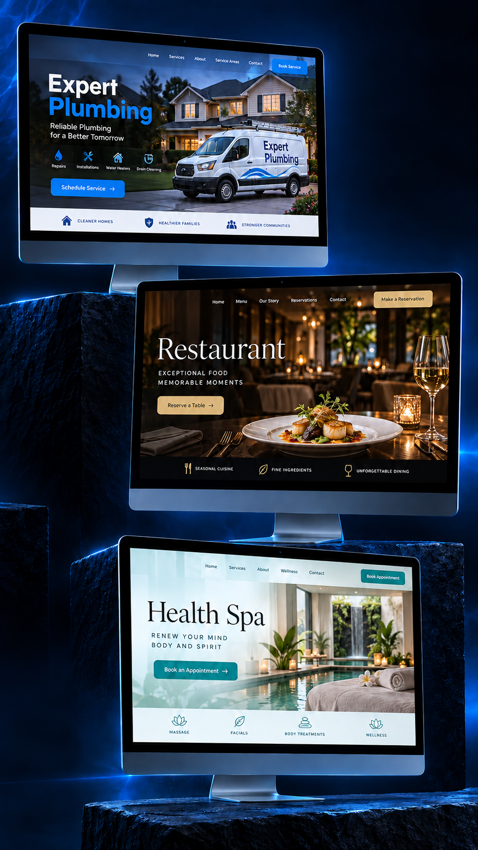 Three modern business website designs for plumbing, restaurant, and health spa companies