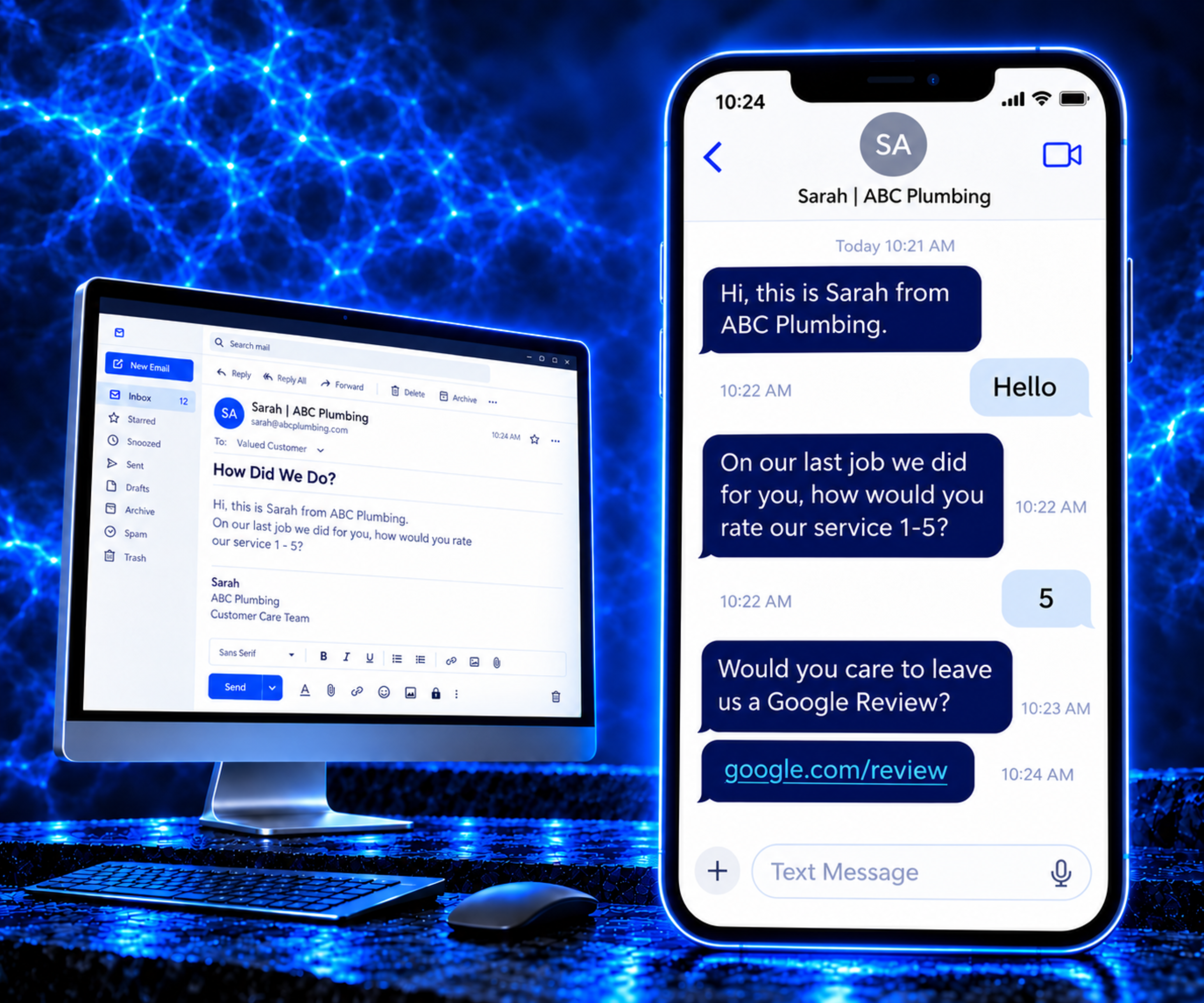 Personalized Google review request conversations by email and SMS