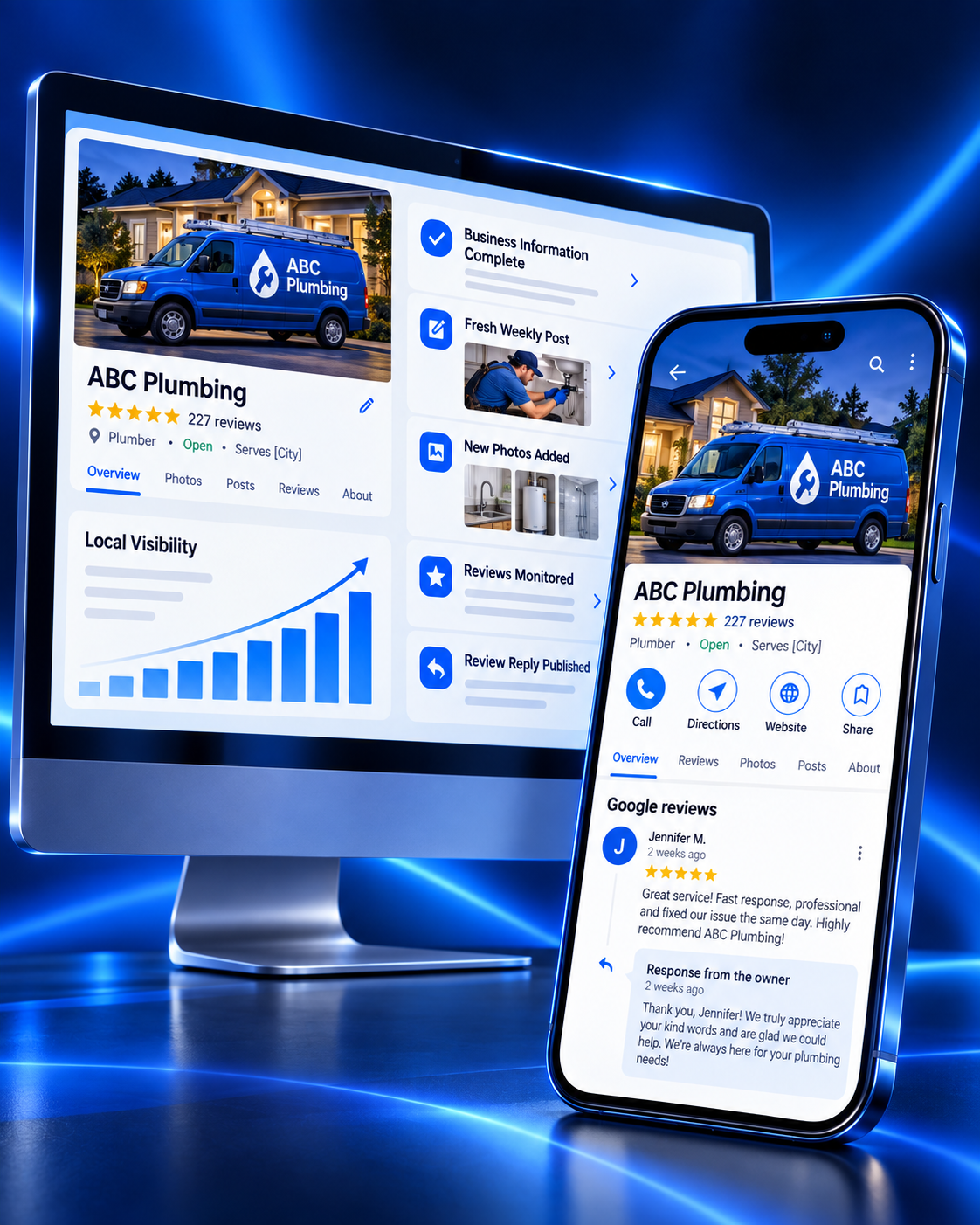 Google Business Profile management dashboard showing profile updates, reviews, and local visibility