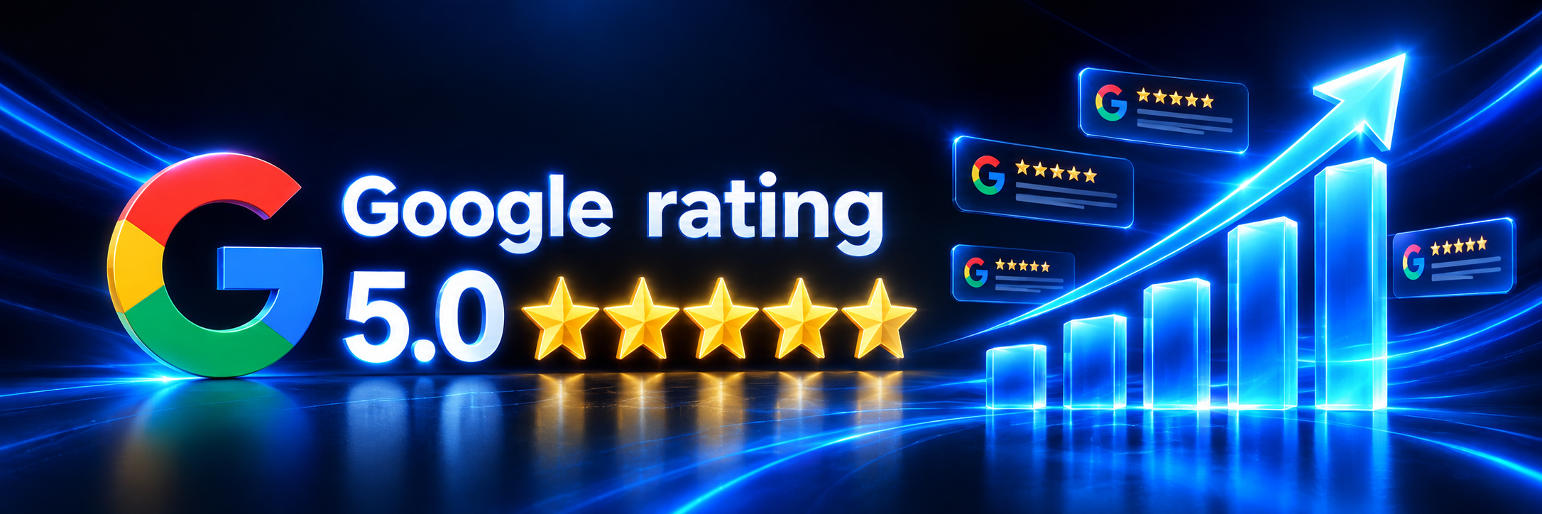 Google rating 5.0 with five stars and rising review growth