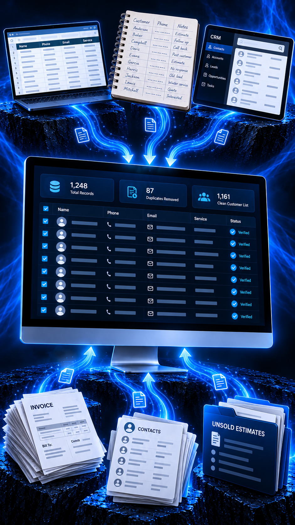 Customer data sources being organized into a clean database for reactivation