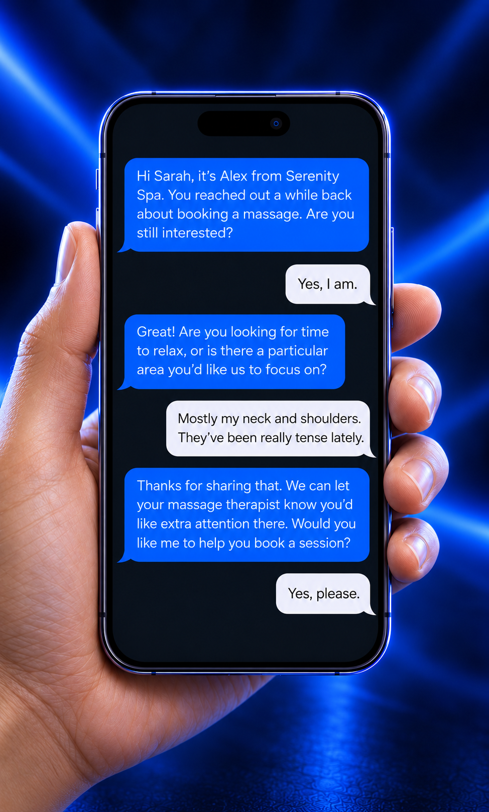 A smartphone held in hand displaying an AI SMS conversation with a spa customer