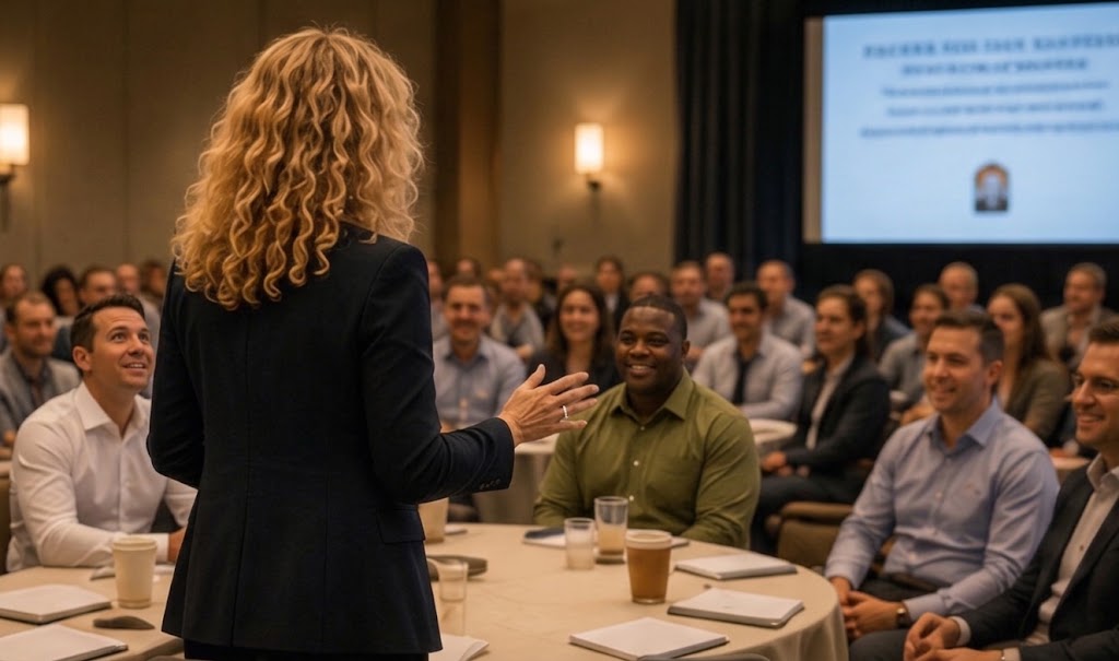 Erika Feinberg-Fugleberg speaking at a large mastermind and leadership event