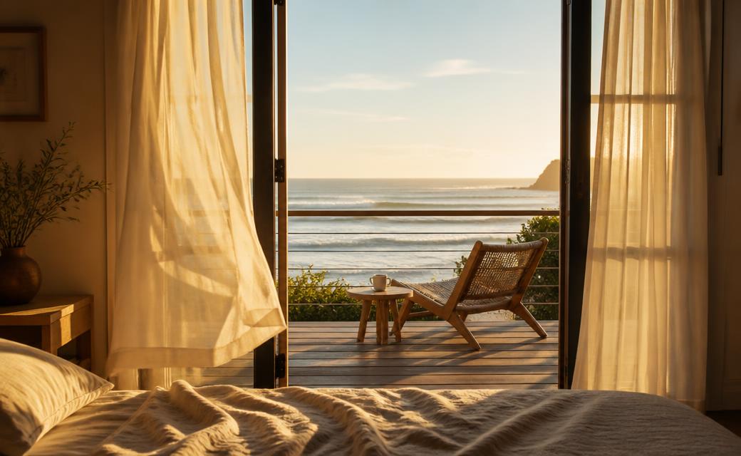 Bedroom balcony doors open to the ocean at sunrise