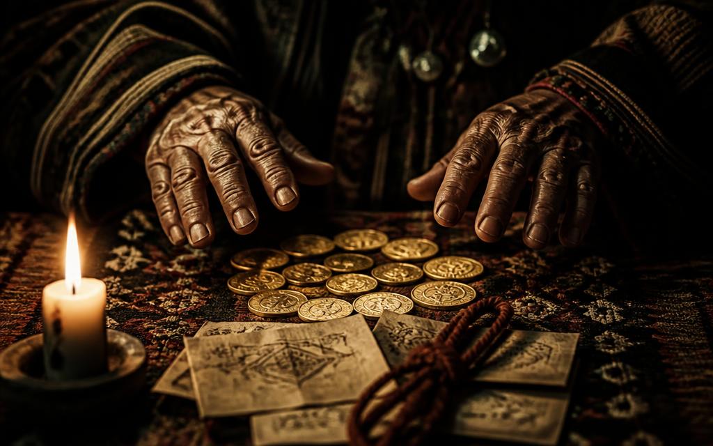 An Andean shaman's hands over a circle of gold coins by candlelight