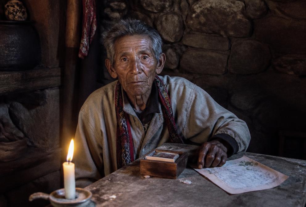 Amaru, an elderly Peruvian shaman, inside his stone-and-adobe house