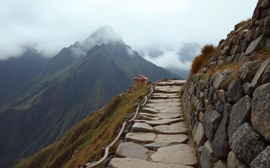 Steep stone path climbing the cold Andean mountain above Písac