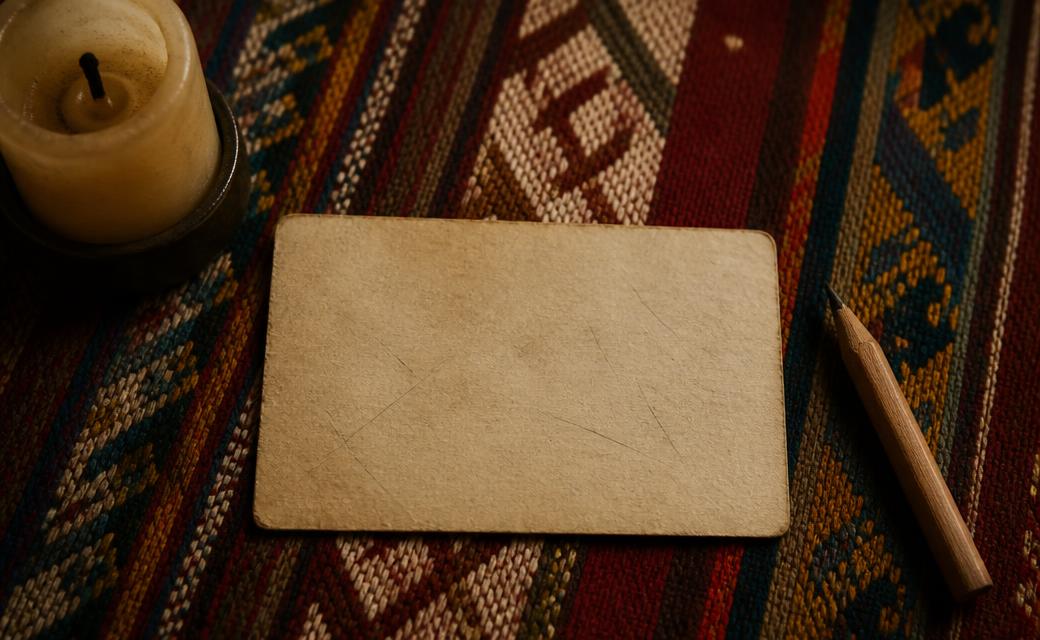 A small aged paper card next to a candle on Peruvian textile