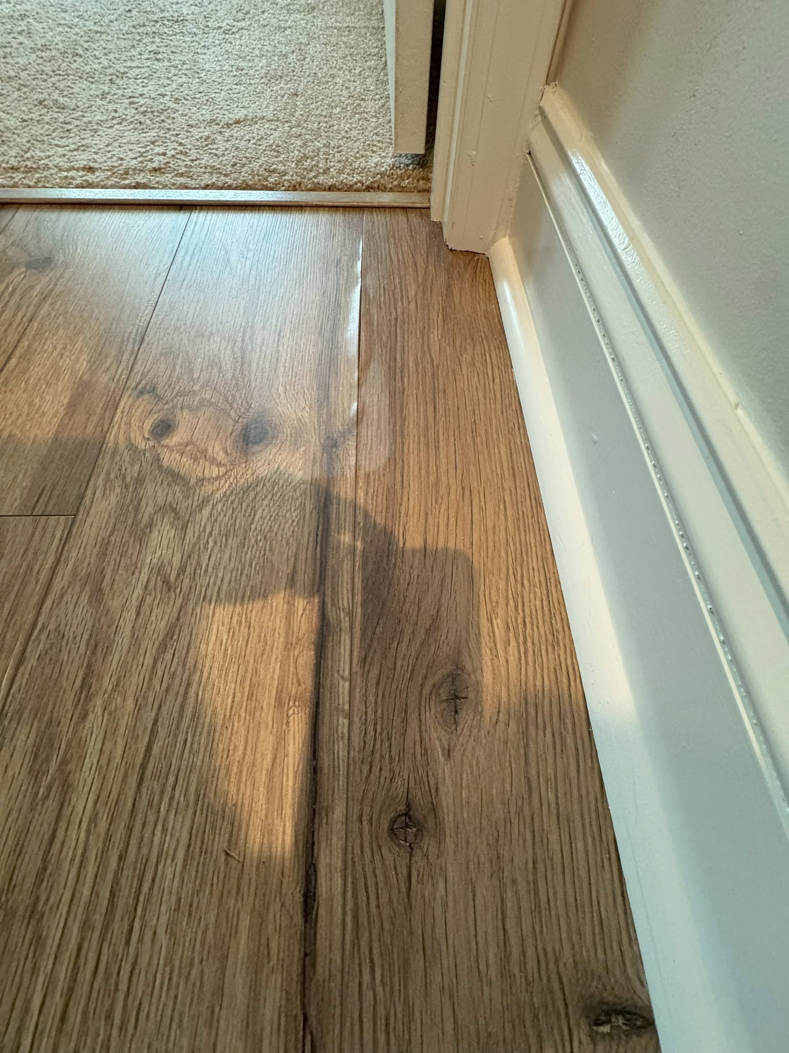 Laminate flooring at a doorway before repair.