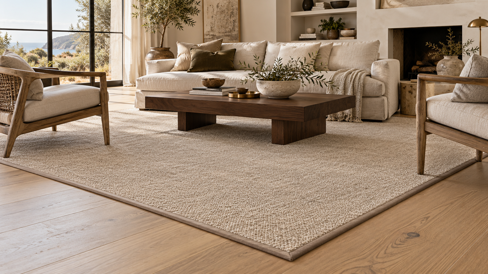 Bound neutral area rug in a living room.