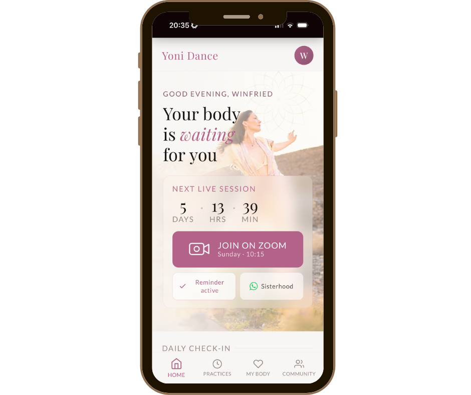 The Yoni Dance App opened on a phone home screen