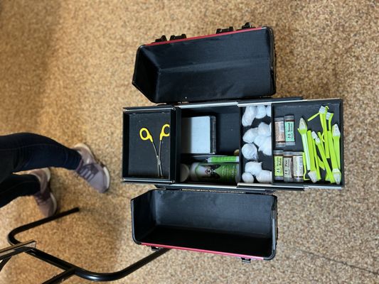 Open portable dog grooming tool box organized with cotton pads, ear cleaning supplies, nail clippers, brushes, and grooming tools.